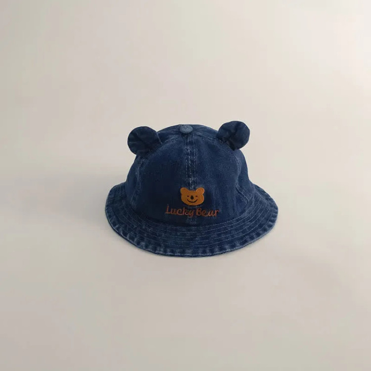 کلاه جین وارداتی Lucky Bear | کلاه باکت جین طرح خرس با رنگ ثابت و قابل شستوشو